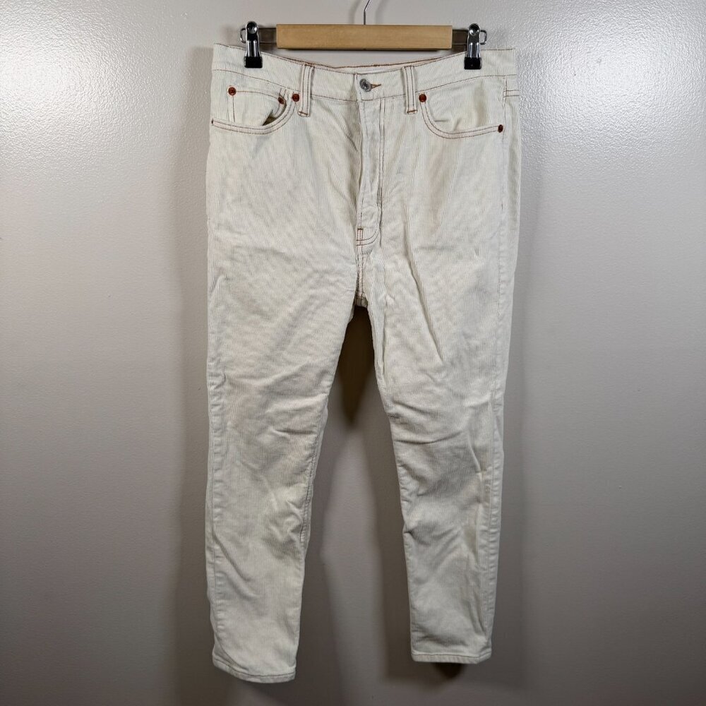 Re/Done High Rise Ankle Crop Stretch Corduroy Pants Size 30 Ivory Winter White